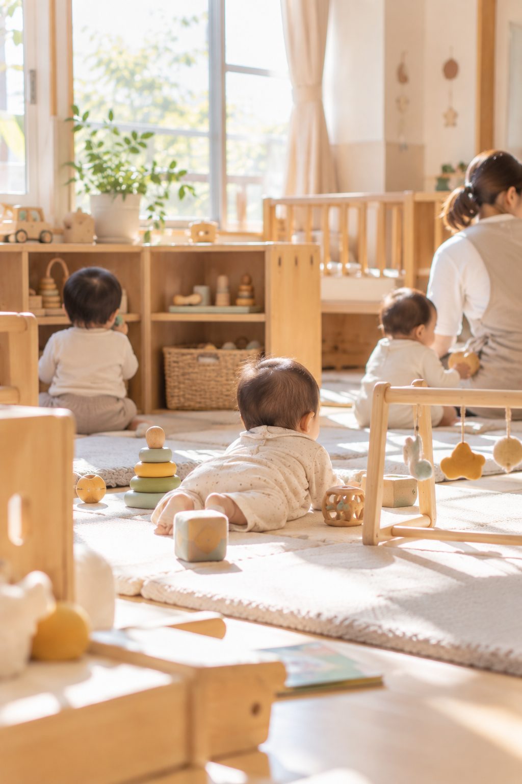 光の入る保育室で遊ぶ赤ちゃんたち